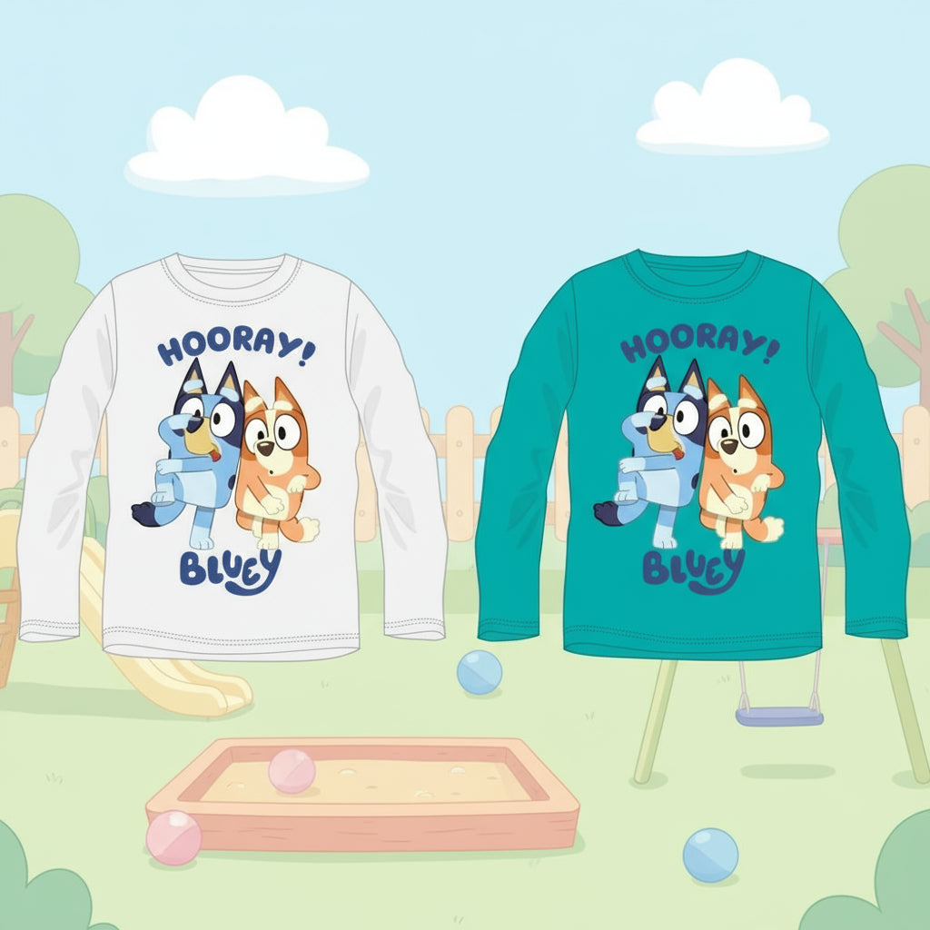 Bluey Langarmshirt für Kinder – Hooray! Motiv | Grau & Türkis | Größen 92–110