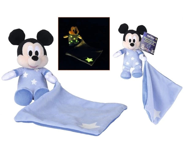 Disney Mickey Maus Plüsch mit Kuscheltuch – Glow in the Dark | Schmusetuch 10x35 cm