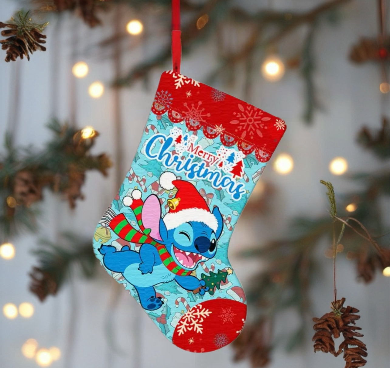Stitch Weihnachtsstrumpf 37x26 cm – Merry Christmas Deko Socke | Rückseite Rot